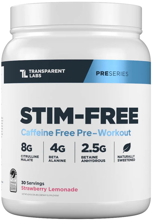 Transparent Labs Stim-Free Pre-Workout bottle shown for caffeine-free training sessions
