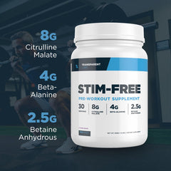 Transparent Labs Stim-Free Pre-Workout package box highlights 30-serving size.