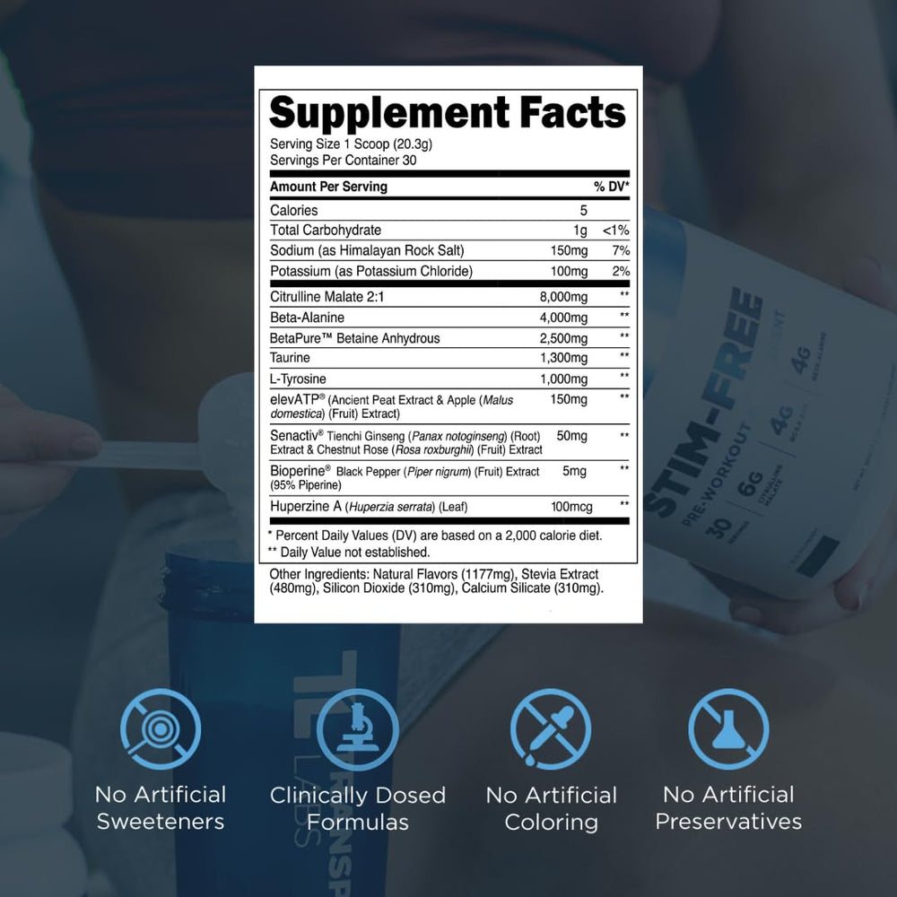 Transparent Labs Stim-Free Pre-Workout powder dispensing image shows mixability without stimulants.