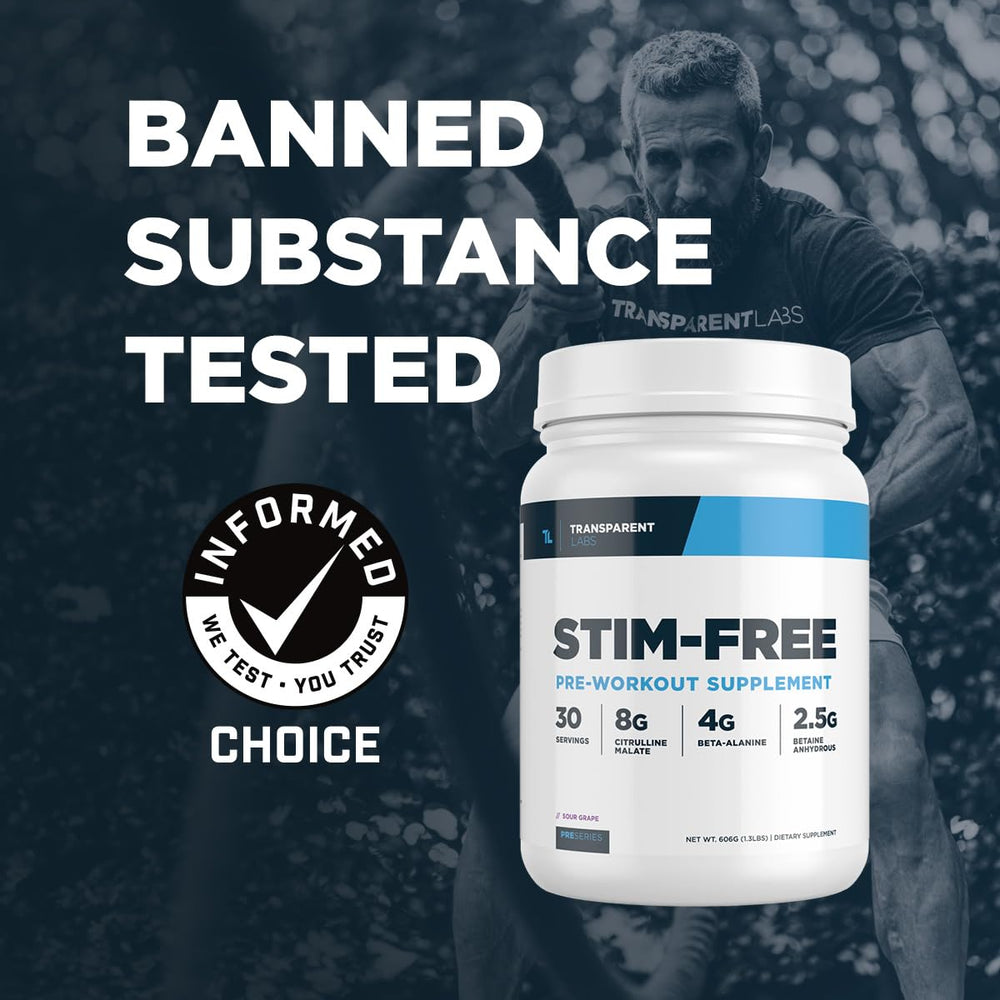 Transparent Labs Stim-Free Pre-Workout scoop closeup emphasizes high-dose citrulline malate for pumps.