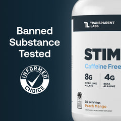 Stim-Free scoop with dosage details showcases 13 ingredients for a comprehensive pre-workout profile