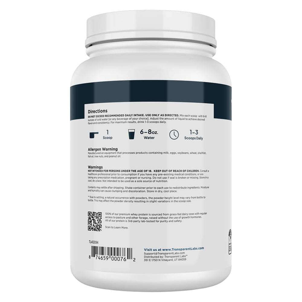 Nutrition panel of Transparent Labs whey isolate helps track protein intake per serving.