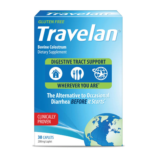 Travelan anti-diarrhea pill packaging for travel health on the go.