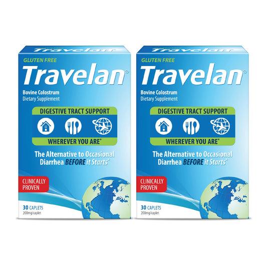 Travelan bottle with 60-count pills for travel digestive support.