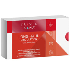 TRAVELSANA Pycnogenol Ginger bottle-front supports leg comfort during long journeys.