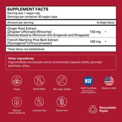 TRAVELSANA Pycnogenol Ginger capsules-closeup highlights vegan travel-friendly circulation support.
