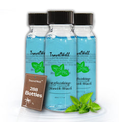 Travel Well individually wrapped mouthwash bottle for hotel amenities and fresh breath.