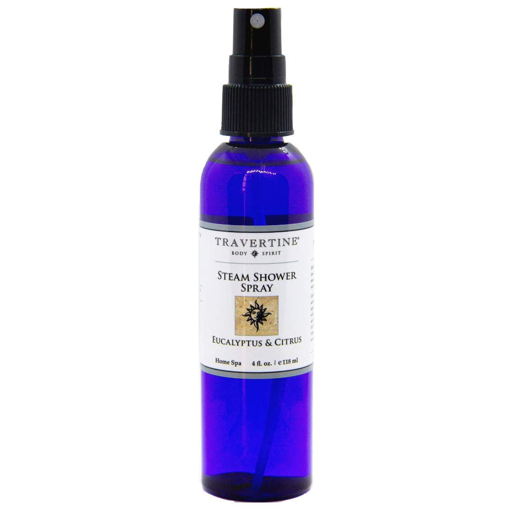 Travertine Spa Steam Shower Spray bottle front view with invigorating eucalyptus aroma.