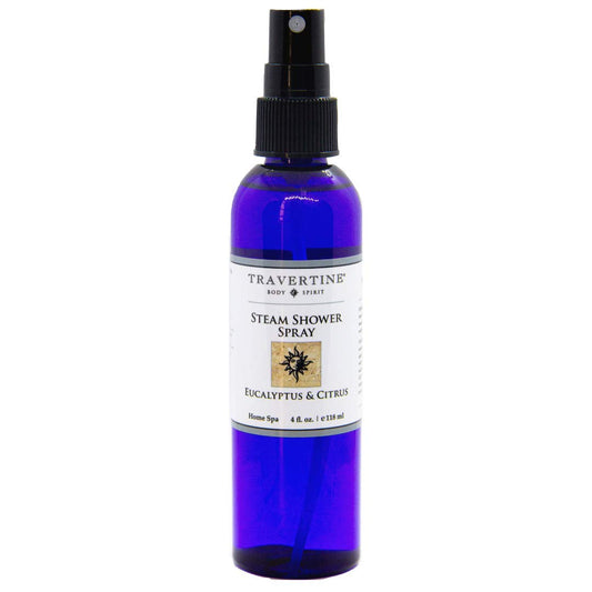 Travertine Spa Steam Shower Spray bottle front view with invigorating eucalyptus aroma.