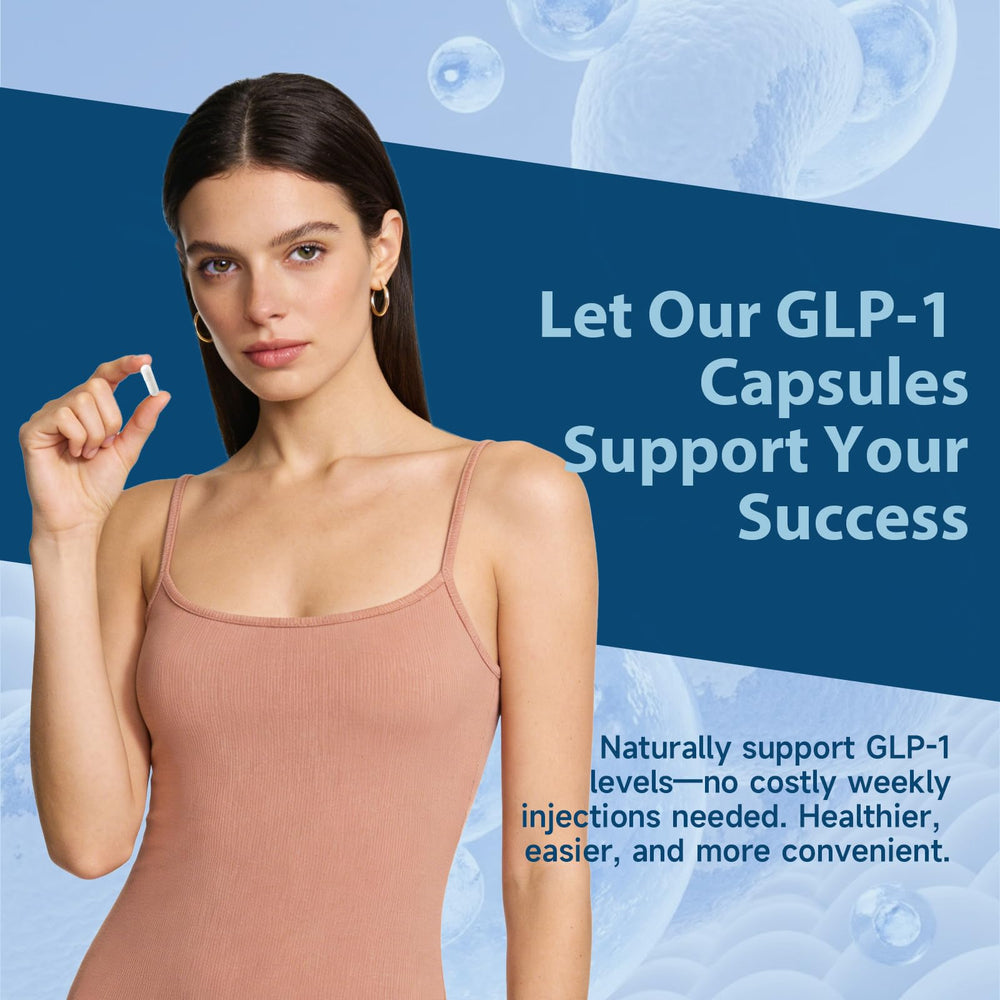 Trawecual GLP-1 bottle next to meals illustrating digestive support use