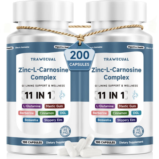 Trawecual zinc-L-carnosine bottle shows 85 mg formula for digestive comfort.