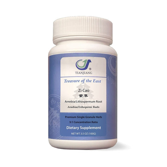 Treasure of the East Zi Cao granules in a 100 g jar for quick daily use.