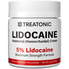 Treatonic 5% Lidocaine Cream bottle with child-resistant cap offering fast temporary relief.