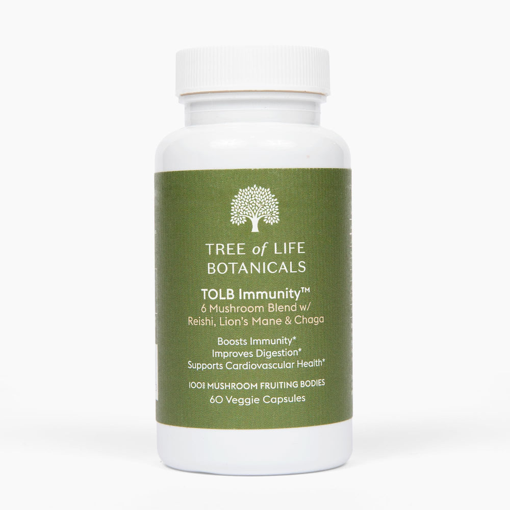 Tree of Life Botanicals Immunity Mushroom Complex bottle pour for daily immune support capsules
