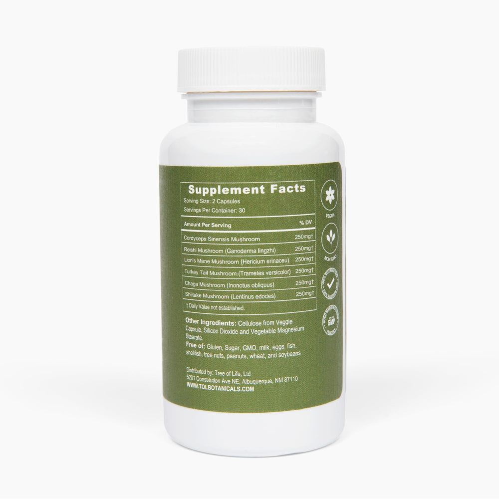 Tree of Life Botanicals Immunity Mushroom Complex capsules imply energy and focus potential