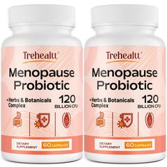 Trehealtt menopause bottle showing 120B CFU probiotic for gut support