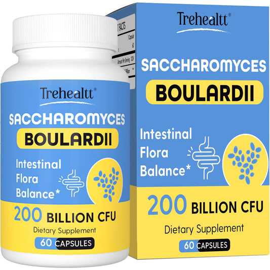 Trehealtt Saccharomyces boulardii bottle showing probiotic potency for gut balance