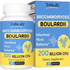Trehealtt Saccharomyces boulardii bottle showing probiotic potency for gut balance