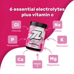 Prepared drink in a glass demonstrates 16 oz hydration with a refreshing pink lemonade taste.