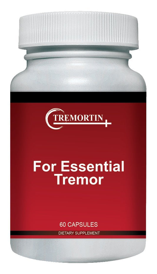 Tremortin bottle front with capsules, suggesting natural tremor support