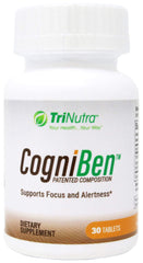 Tri Nutra Cogniben bottle with tablets promoting daily focus.