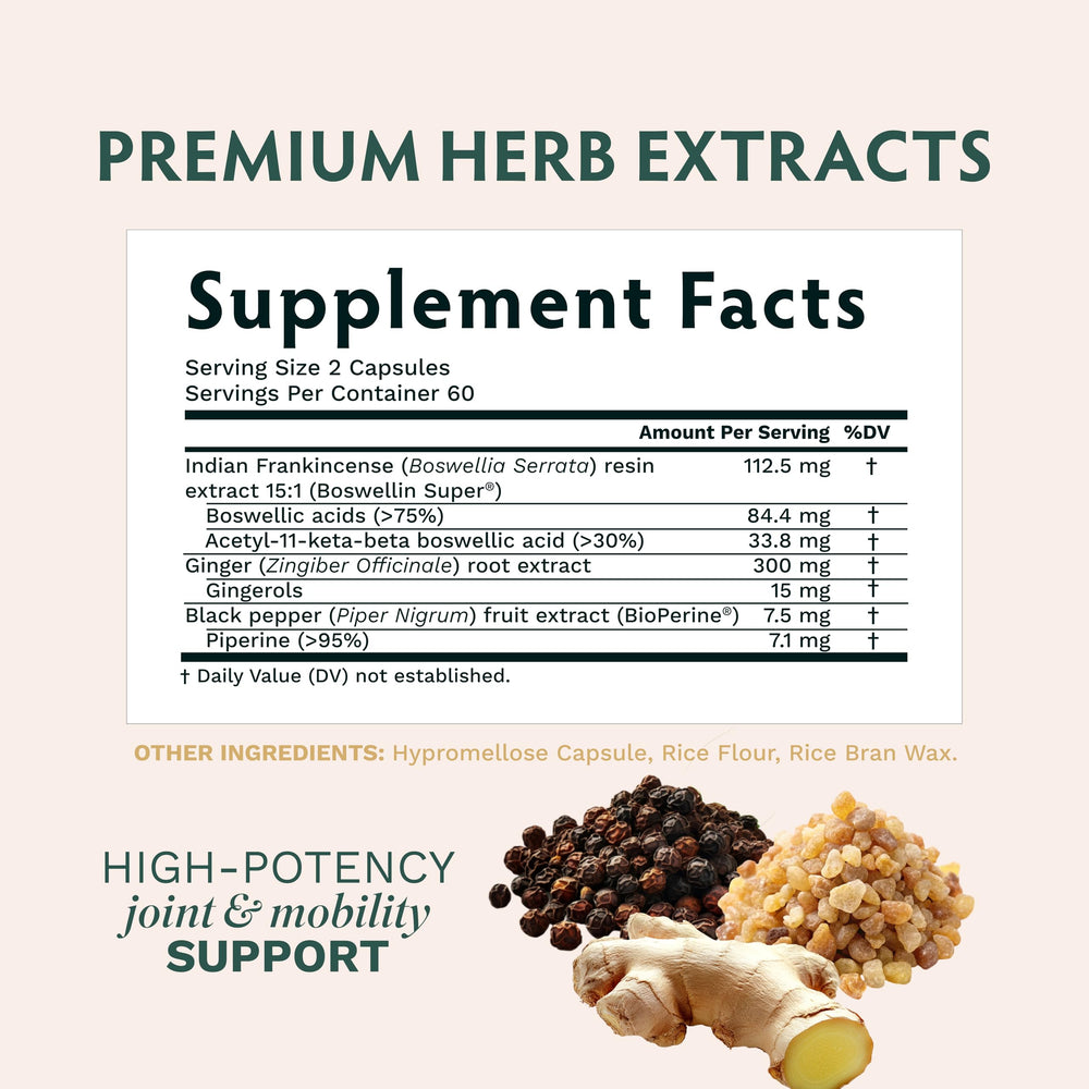 Ginger extract paired with Boswellia Serrata Complex highlighting natural soothing use