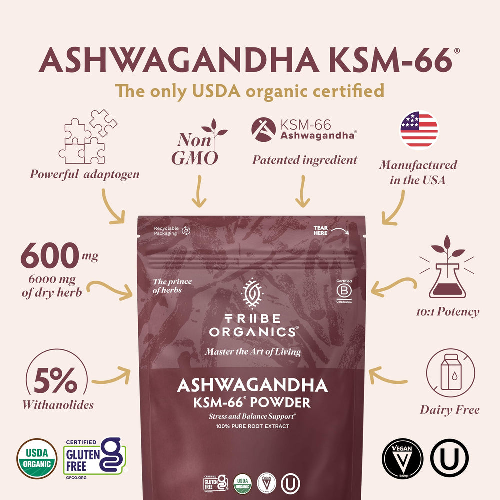 TRIBE ORGANICS KSM-66 Ashwagandha powder scoop showing convenient dosing