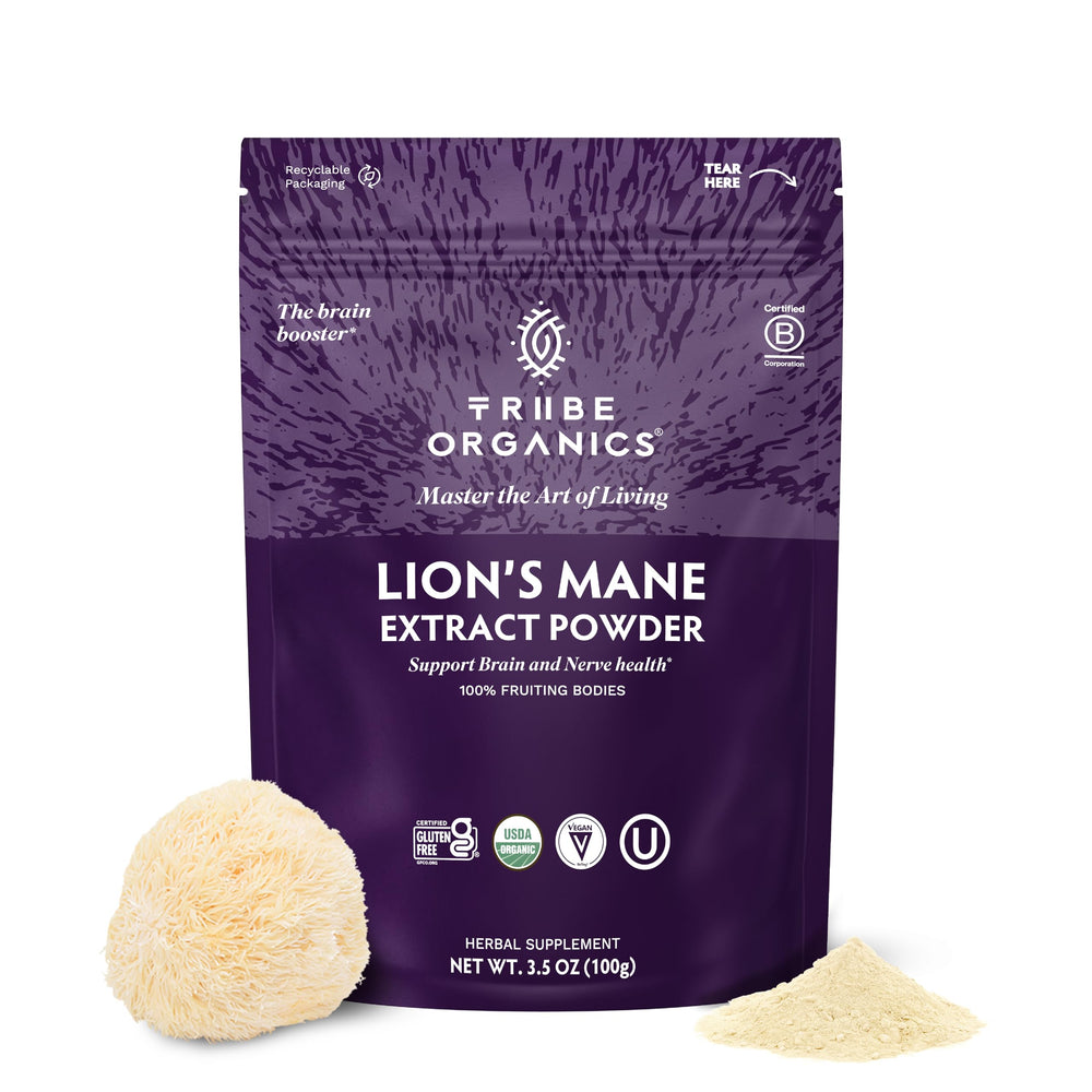 TRIBE ORGANICS Lion's Mane Powder packaging highlights organic extract for daily energy.