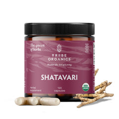 TRIBE ORGANICS Shatavari bottle pouring for easy daily hormonal balance support.