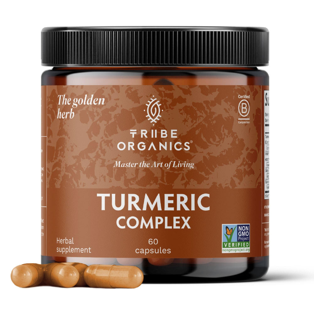 TRIBE ORGANICS turmeric curcumin capsule close-up highlighting joint support and absorption