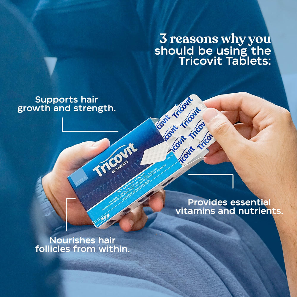 Tricovit nail health vitamins bottle with label facing camera.