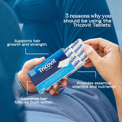 Tricovit nail health vitamins bottle with label facing camera.
