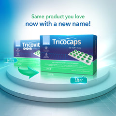Tricovit Pro softgels close-up shows easy-to-swallow capsules.