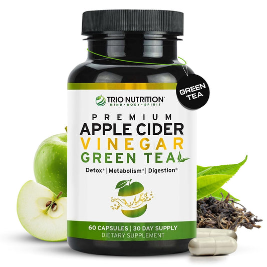 TRIO NUTRITION Apple Cider Vinegar Green Tea bottle supports daily wellness.