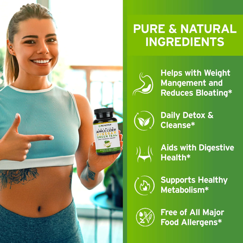 TRIO NUTRITION Apple Cider Vinegar Green Tea capsules arranged for easy intake.