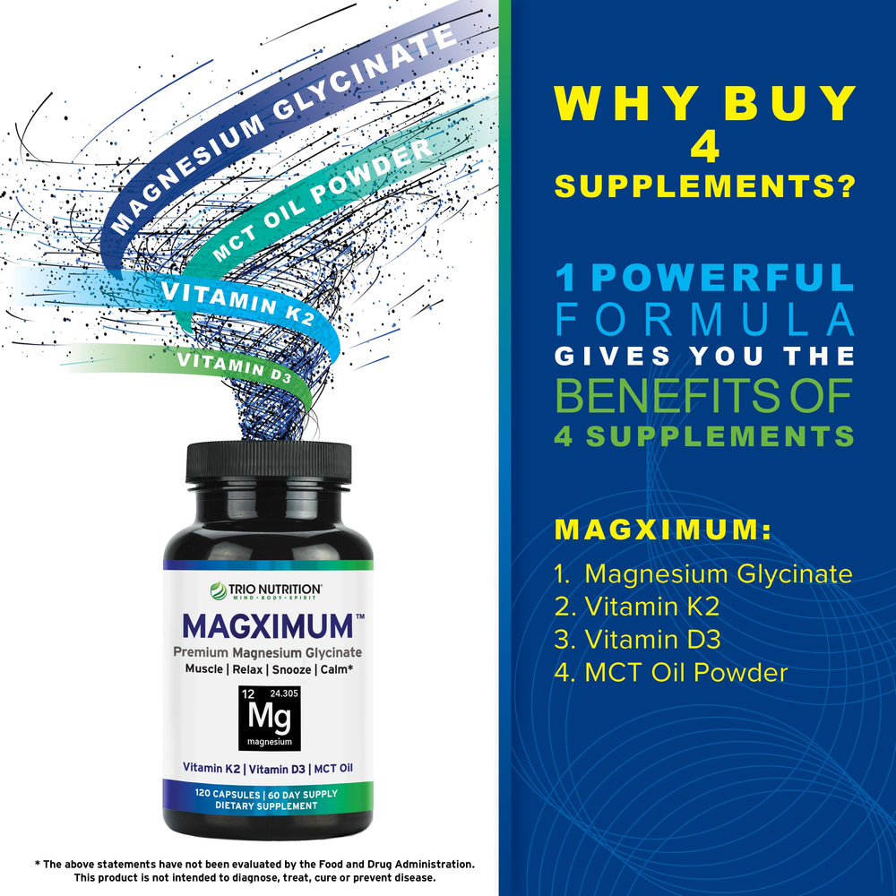Trio Nutrition MagXimum capsules closeup highlights chelated magnesium for comfortable muscle function.