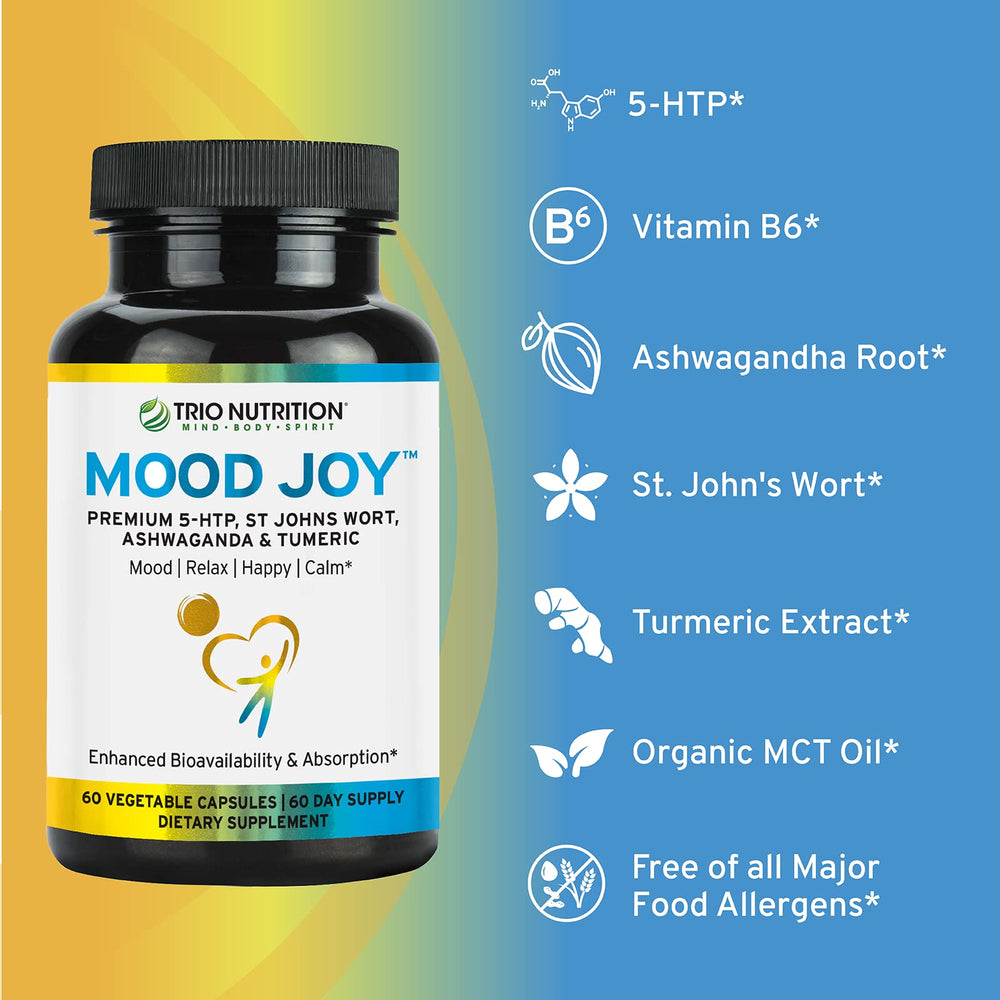 TRIO NUTRITION Mood Joy 5-HTP capsules support relaxed mood.