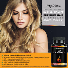 TRIO NUTRITION Hair Abundance capsules closeup highlighting collagen and biotin benefits for hair growth.