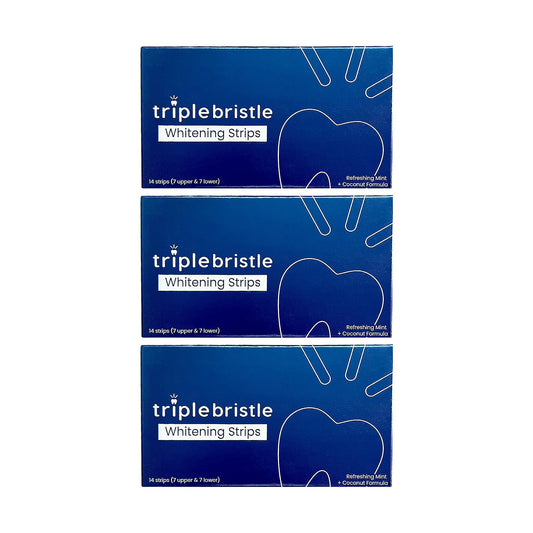 Triple Bristle whitening strips front box with mint coconut scent for freshness