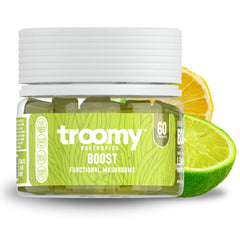 Troomy Boost Cordyceps gummies front jar, vibrant Lemon Lime flavor for on-the-go energy