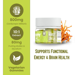 Troomy Boost Cordyceps gummies side jar, convenient 60-count bottle for daily routines