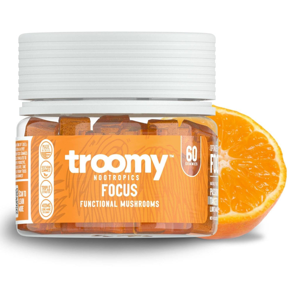 Troomy Lions Mane Focus Gummies 60-count jar for daily focus.