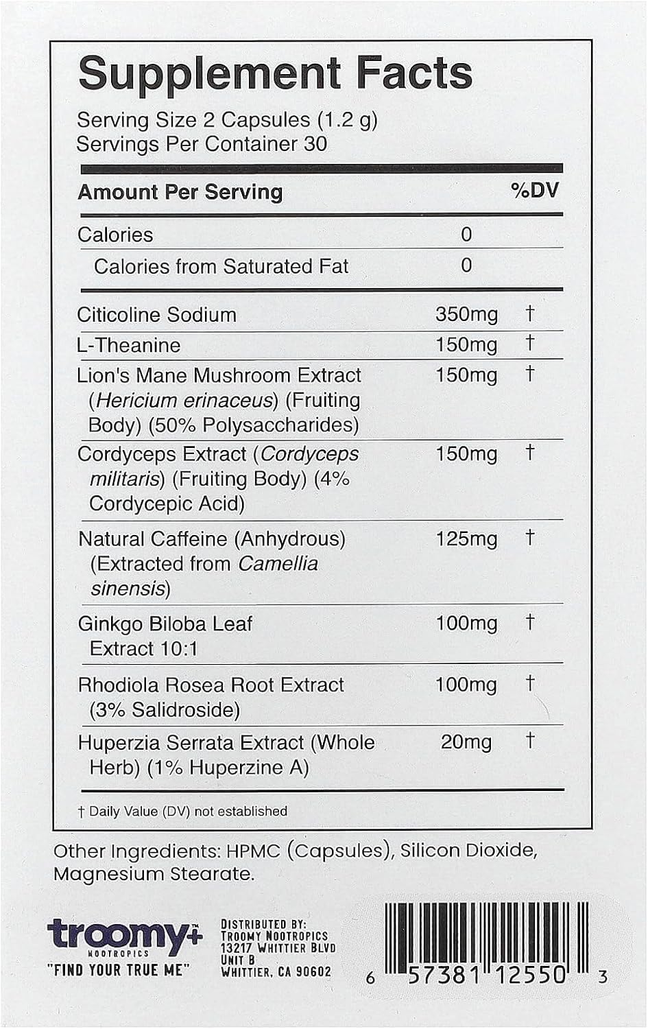 Troomy Brain Power ingredients image emphasizes plant-based, stimulant-free formula.