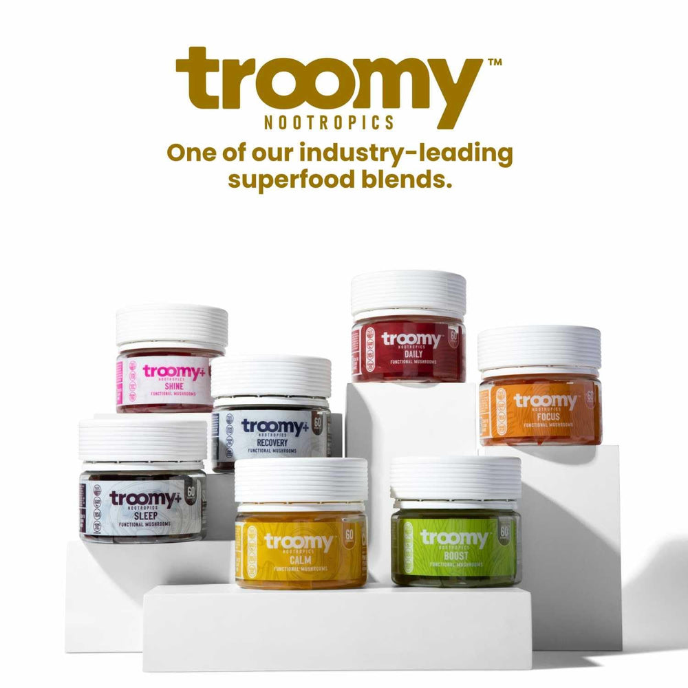 Troomy Reishi Calm gummies enjoyed at a desk break for calm.