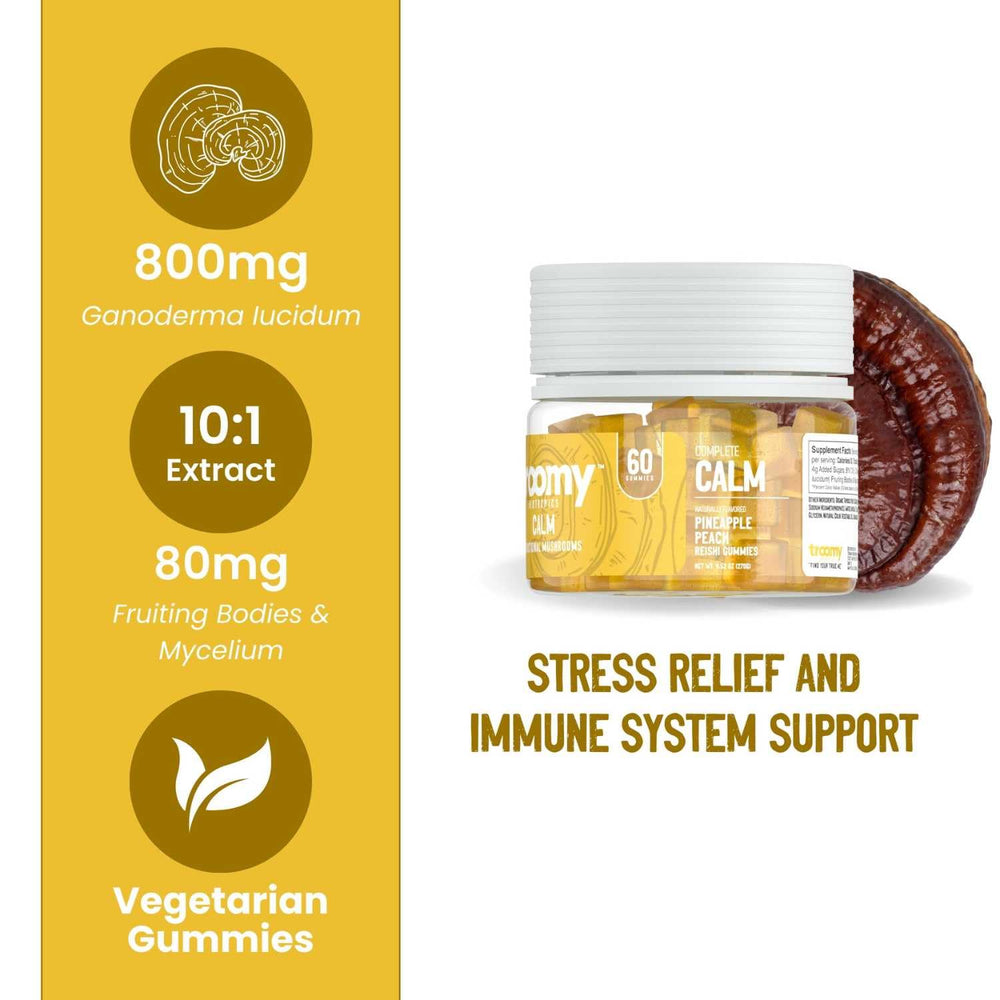 Troomy Reishi Calm gummies ingredients label highlighting natural, gelatin-free formula.