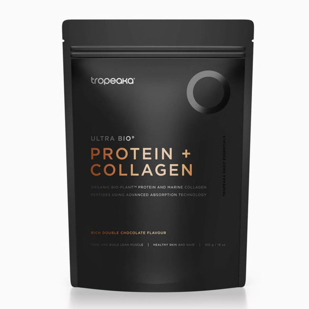 Tropeaka double chocolate protein powder bottle for lean muscle support.
