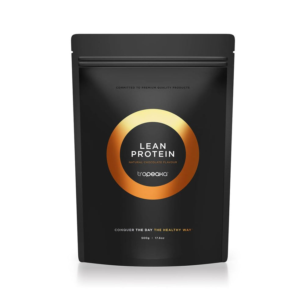 Tropeaka Lean Protein Chocolate tub front highlights plant-based protein for lean muscle support.