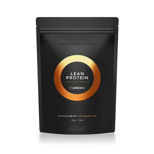 Tropeaka Lean Protein Chocolate tub front highlights plant-based protein for lean muscle support.