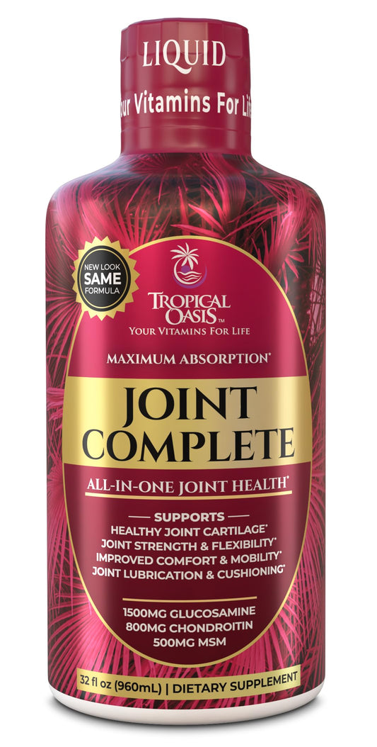 Tropical Oasis Joint Complete bottle pour demonstrates convenient liquid delivery for joint support