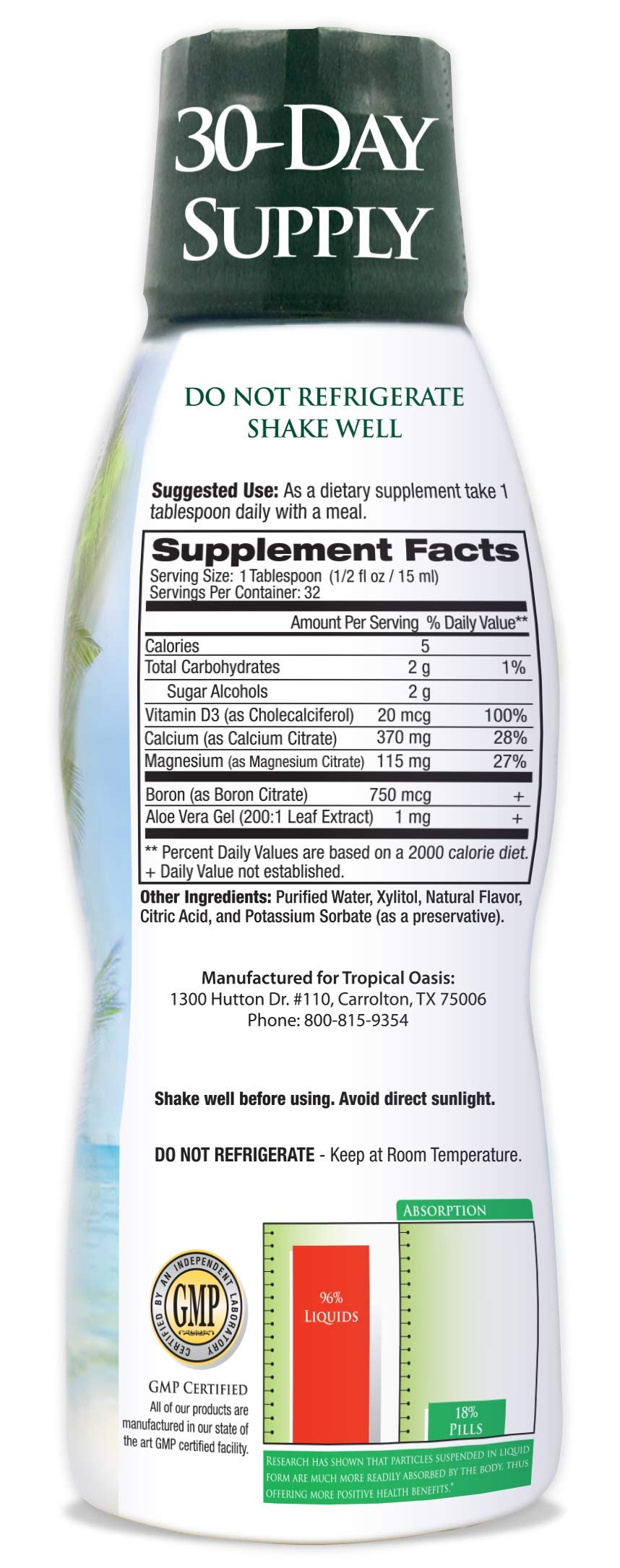 Tropical Oasis Liquid Calcium Magnesium bottle back label with dosing guidance